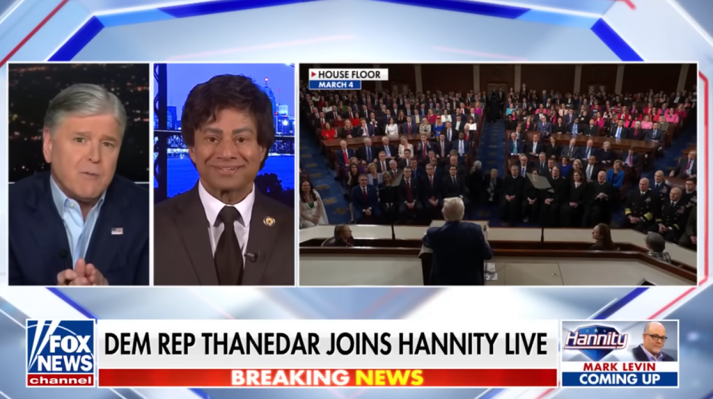 Fox News broadcast showing Sean Hannity, Democratic Representative Shri Thanedar, and a scene from the House Floor.